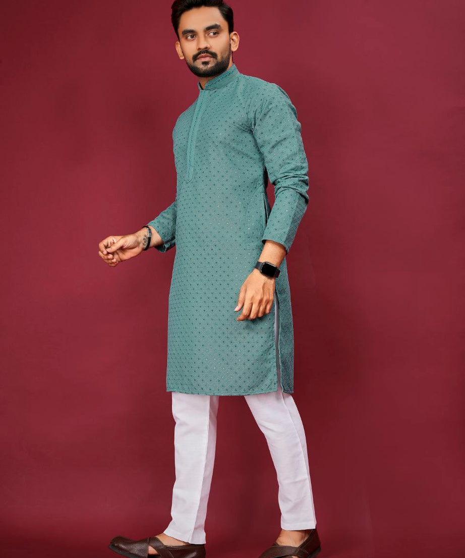 Cotton Luckhnowi Work With Embroidery Work Kurta Pajama Set For Men's
