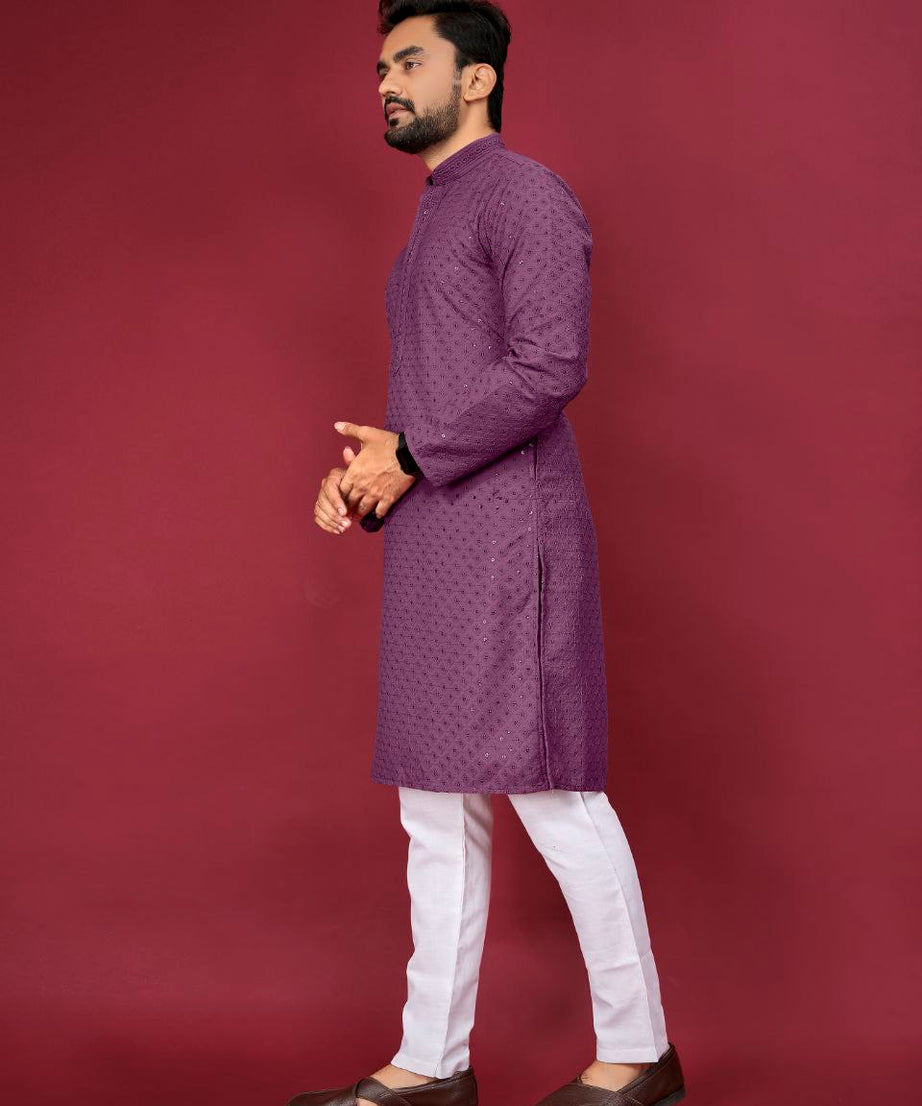 Cotton Luckhnowi Work With Embroidery Work Kurta Pajama Set For Men's