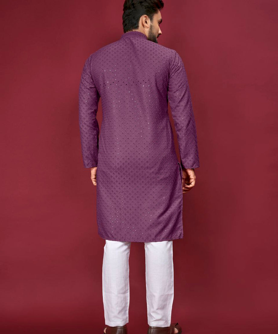 Cotton Luckhnowi Work With Embroidery Work Kurta Pajama Set For Men's