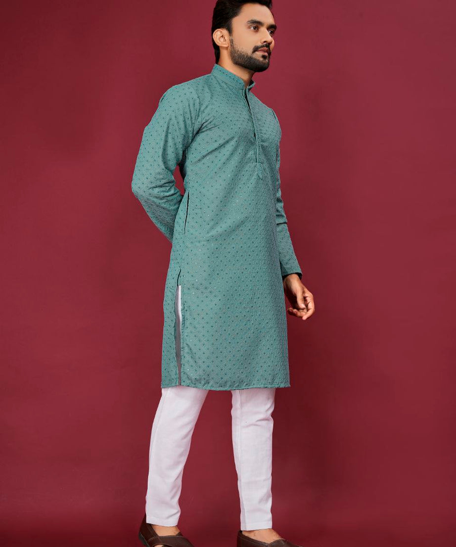 Cotton Luckhnowi Work With Embroidery Work Kurta Pajama Set For Men's