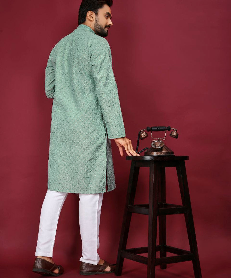 Cotton Luckhnowi Work With Embroidery Work Kurta Pajama Set For Men's