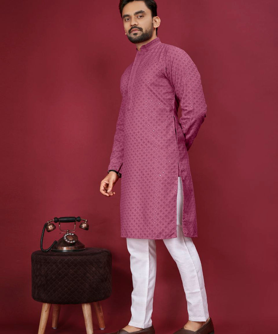 Cotton Luckhnowi Work With Embroidery Work Kurta Pajama Set For Men's