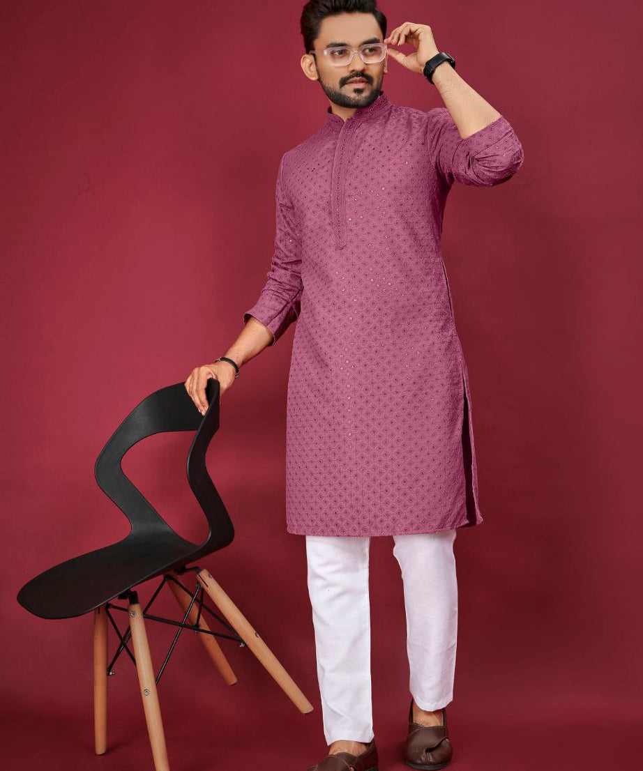 Cotton Luckhnowi Work With Embroidery Work Kurta Pajama Set For Men's