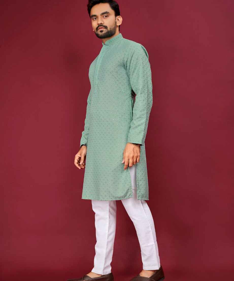 Cotton Luckhnowi Work With Embroidery Work Kurta Pajama Set For Men's