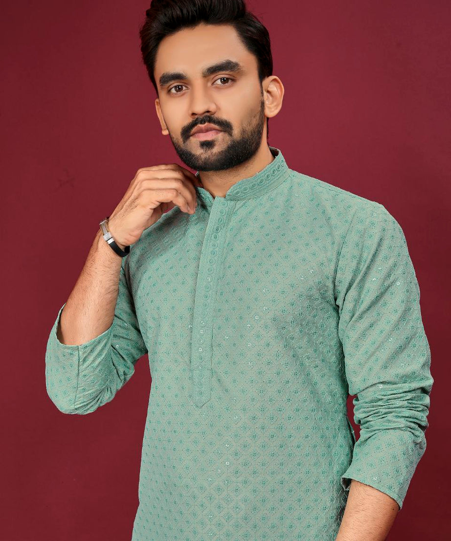 Cotton Luckhnowi Work With Embroidery Work Kurta Pajama Set For Men's