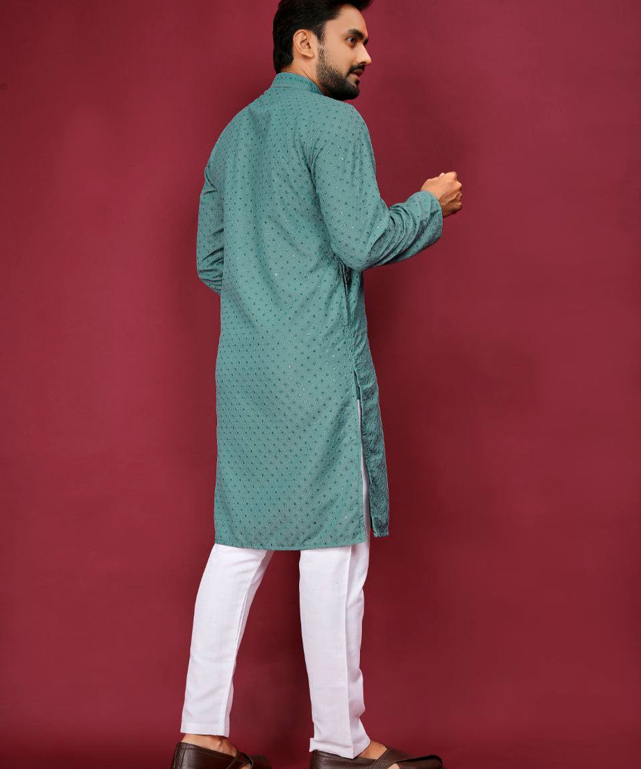 Cotton Luckhnowi Work With Embroidery Work Kurta Pajama Set For Men's