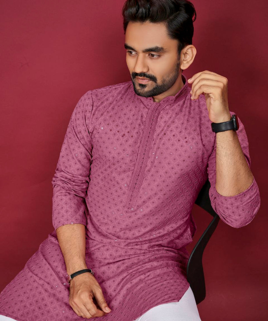 Cotton Luckhnowi Work With Embroidery Work Kurta Pajama Set For Men's