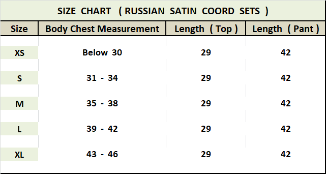Russian Satin Co-ord Set For Women's