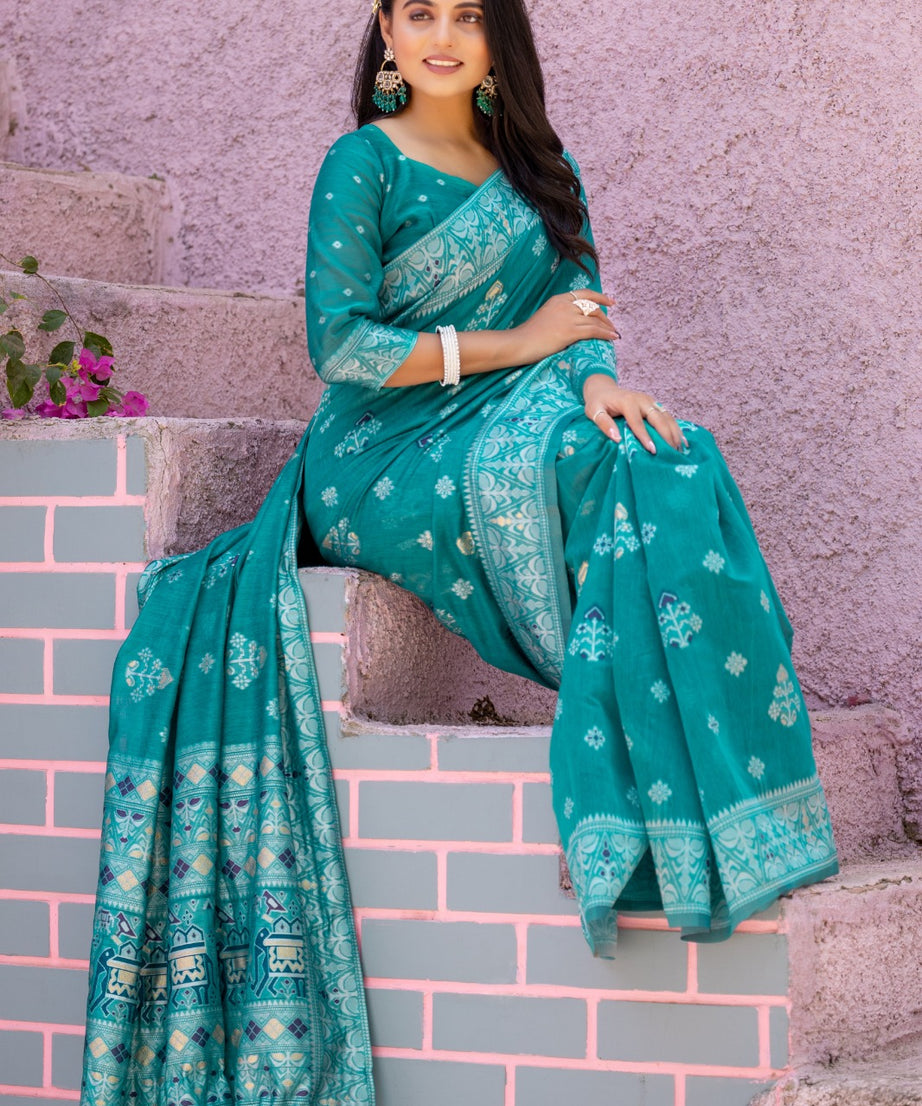 Premium Linen Cotton Traditional Wedding Function Wear Saree With Blouse 11-VD