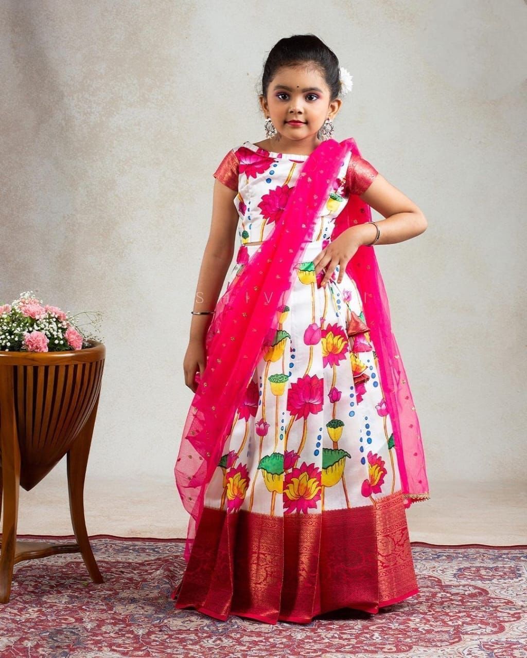 Kid's Full Stitched Pure Lichi Silk With Full Body Lehenga With Blouse