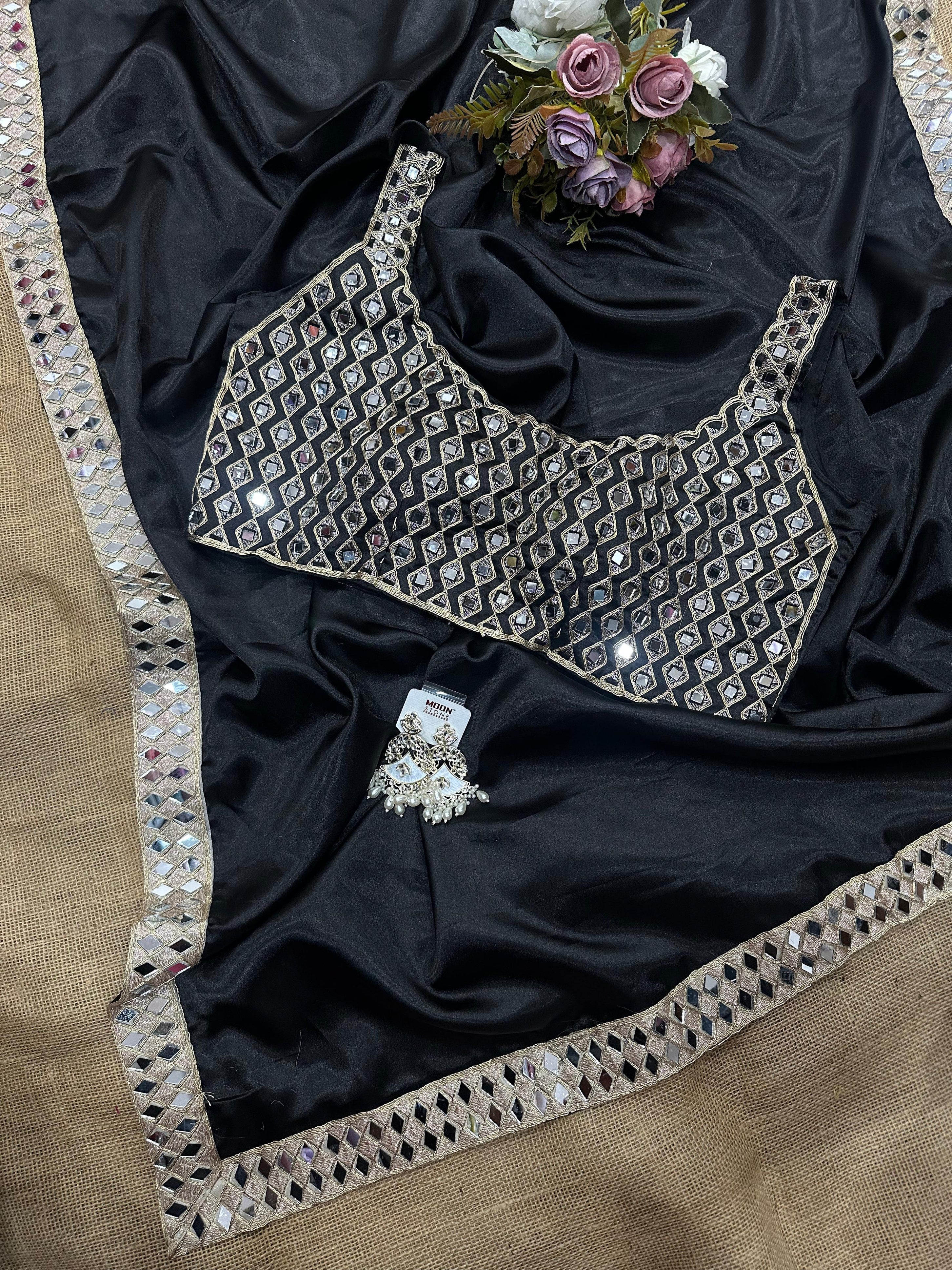 Beautiful Stylish Bollywood Pure Silk Sari, Mirror Work Saree With Blouse