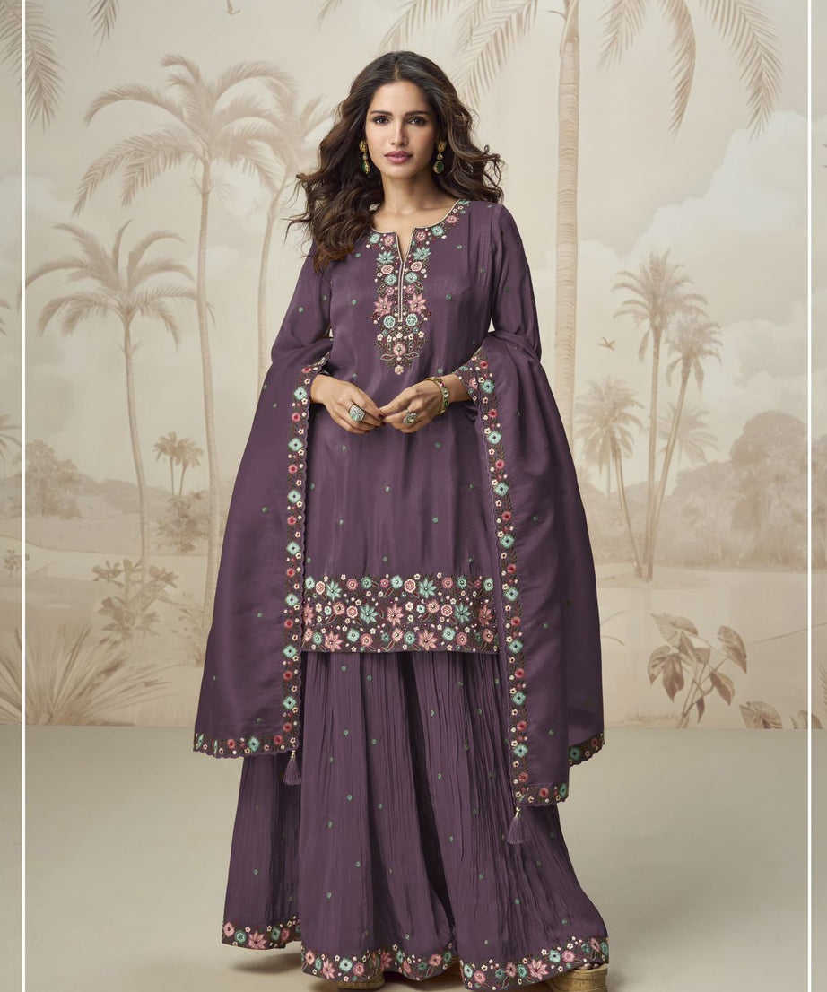 Heavy Function Wear Chinon silk With Embroidery Work Top Bottom & Dupatta
