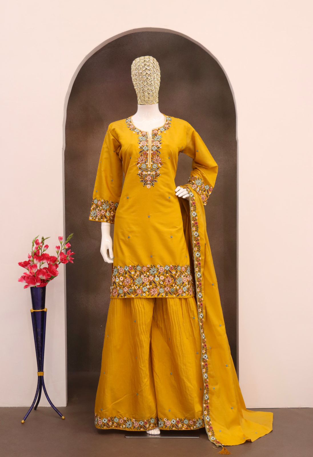 Heavy Function Wear Chinon silk With Embroidery Work Top Bottom & Dupatta