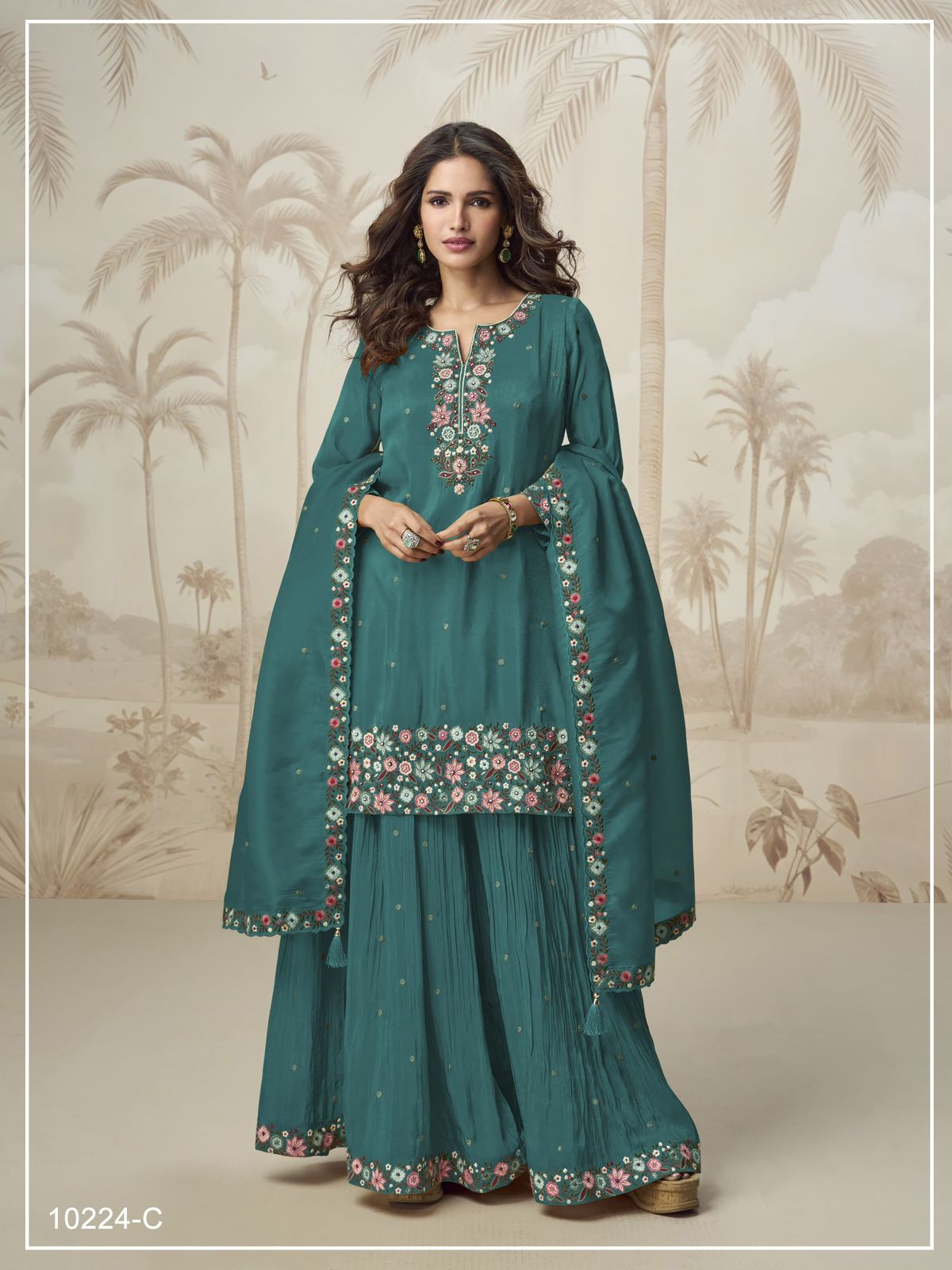 Heavy Function Wear Chinon silk With Embroidery Work Top Bottom & Dupatta