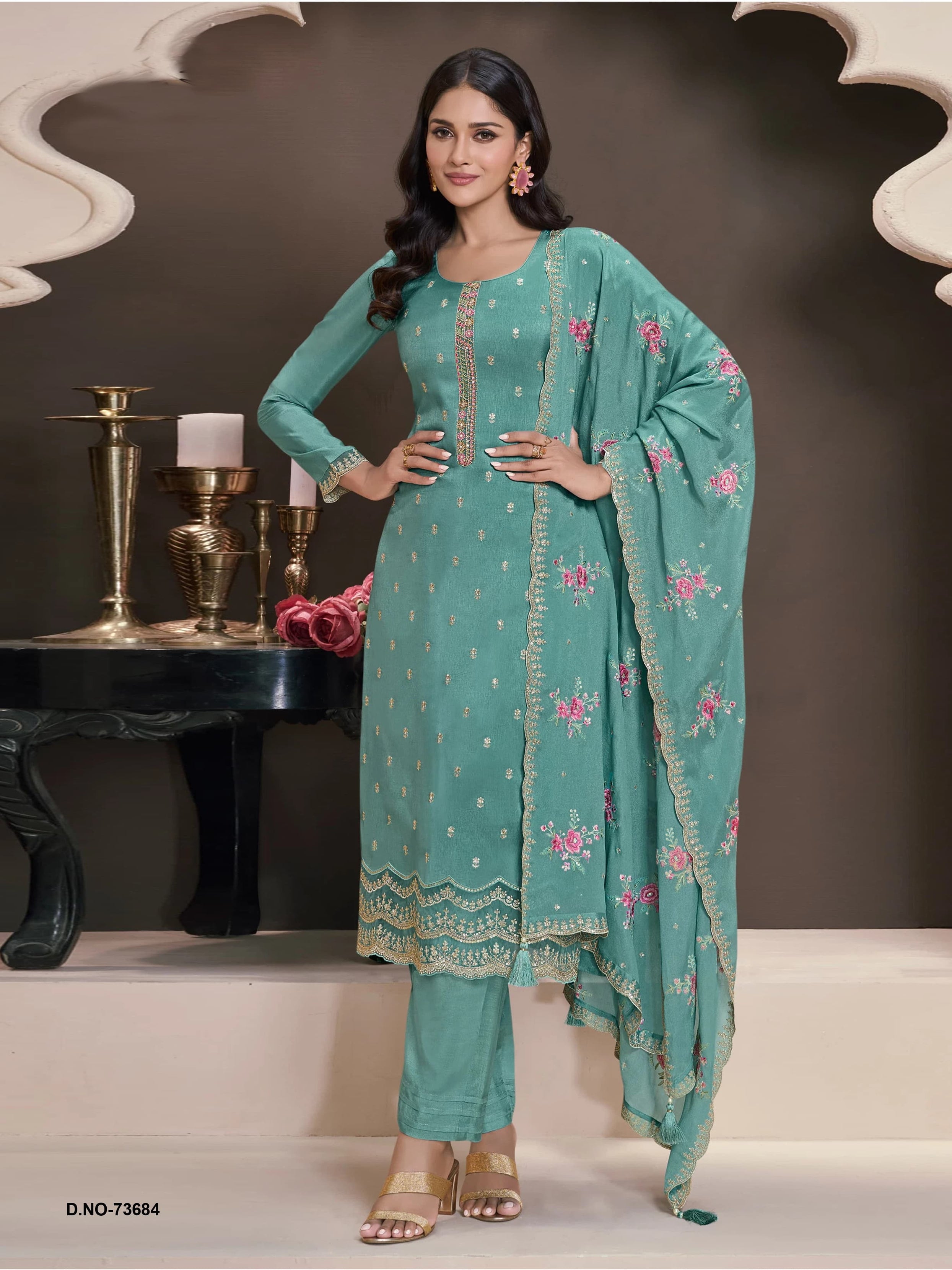 Heavy Monga Silk Designer Traditional Wear Top Bottom With Dupatta