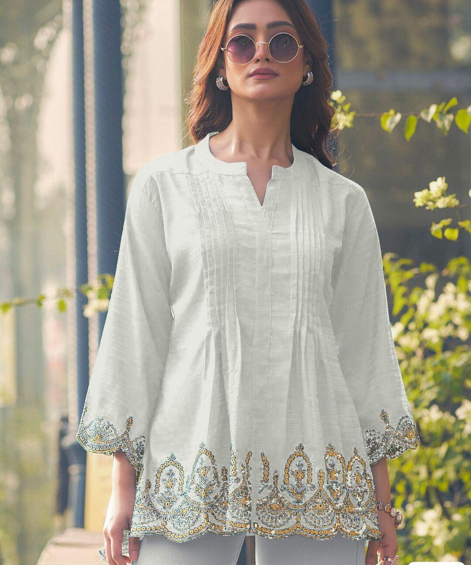 Fancy Heavy Rayon Slub With Embroidery Cut Work Kurti For Women's