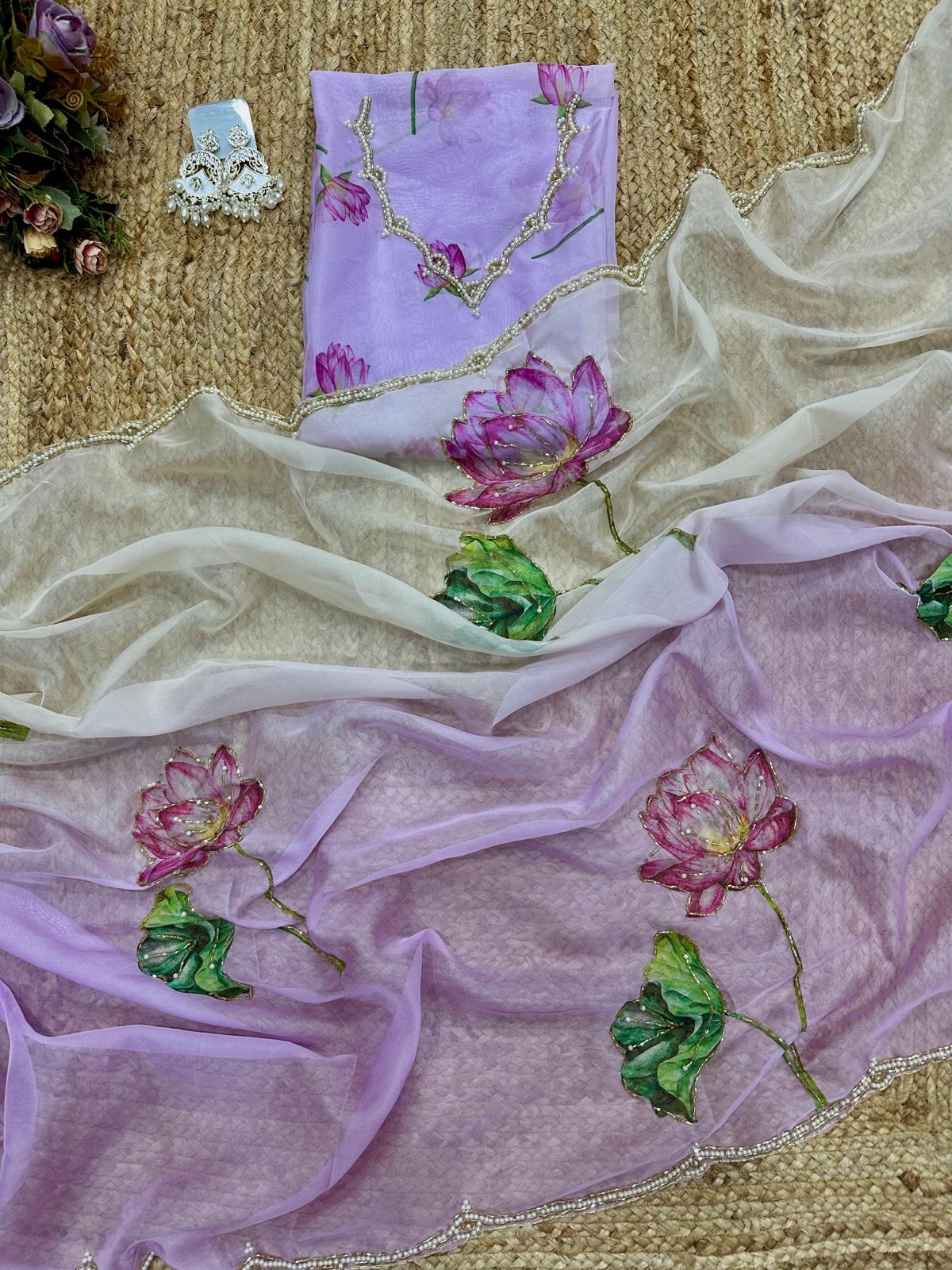 Soft Tebi Silk Two Color Shaded Beautiful Flower Printed Sari With Blouse