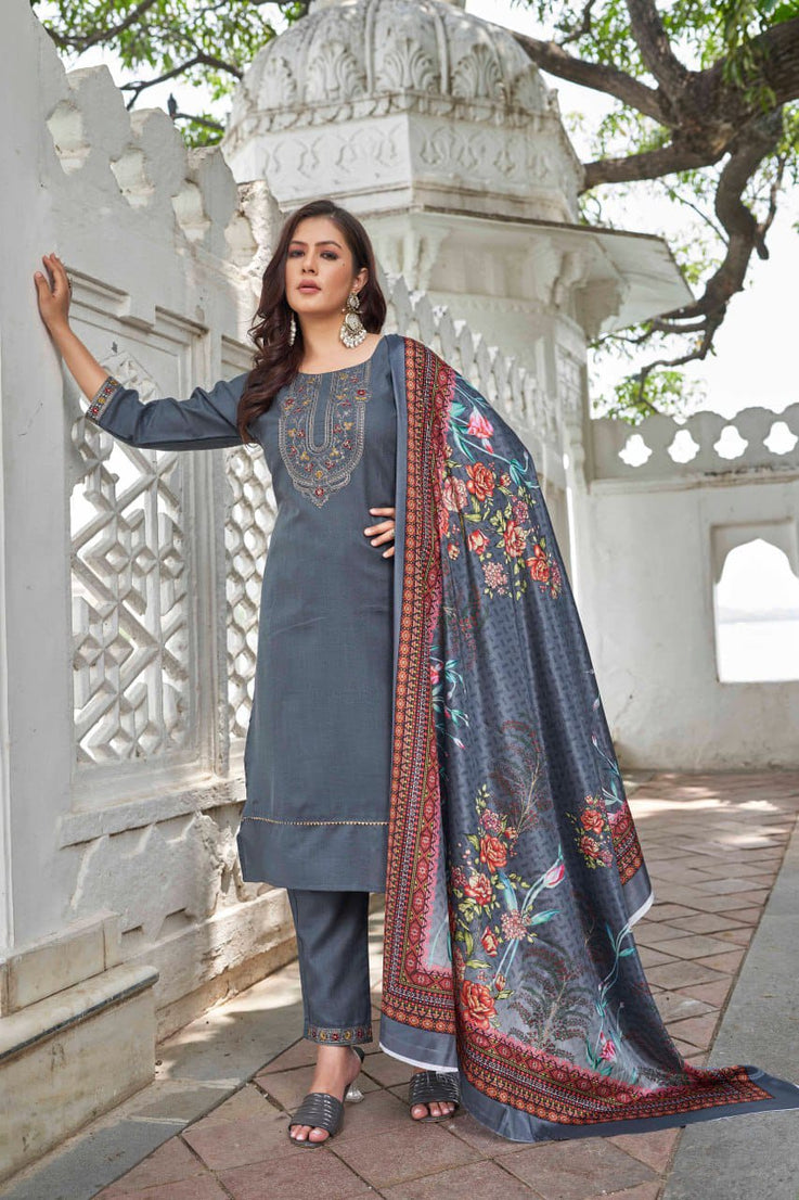 Cotton Blend Yoke Design Traditional Wear Top Pant & Dupatta