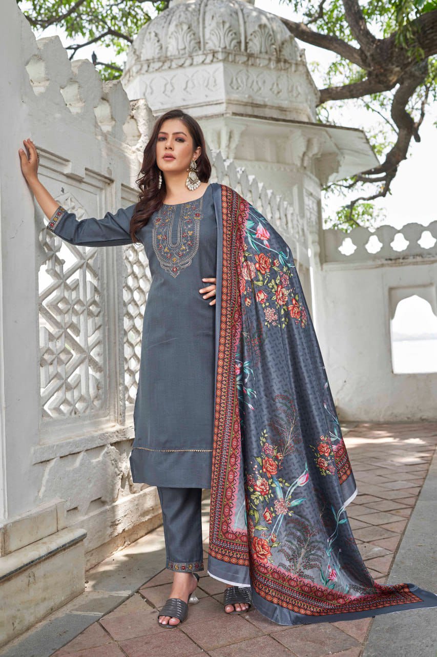 Cotton Blend Yoke Design Traditional Wear Top Pant & Dupatta
