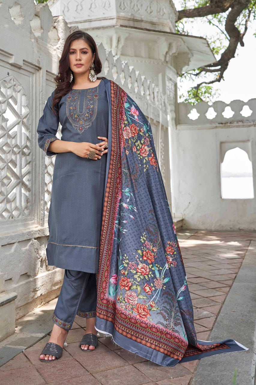 Cotton Blend Yoke Design Traditional Wear Top Pant & Dupatta