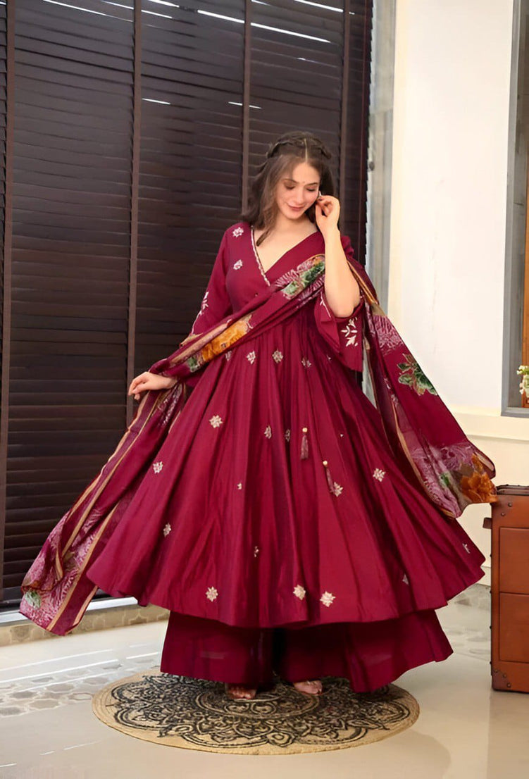 Traditional Wedding Wear Roman Silk Anarkali Kurta Pant With Dupatta Suit