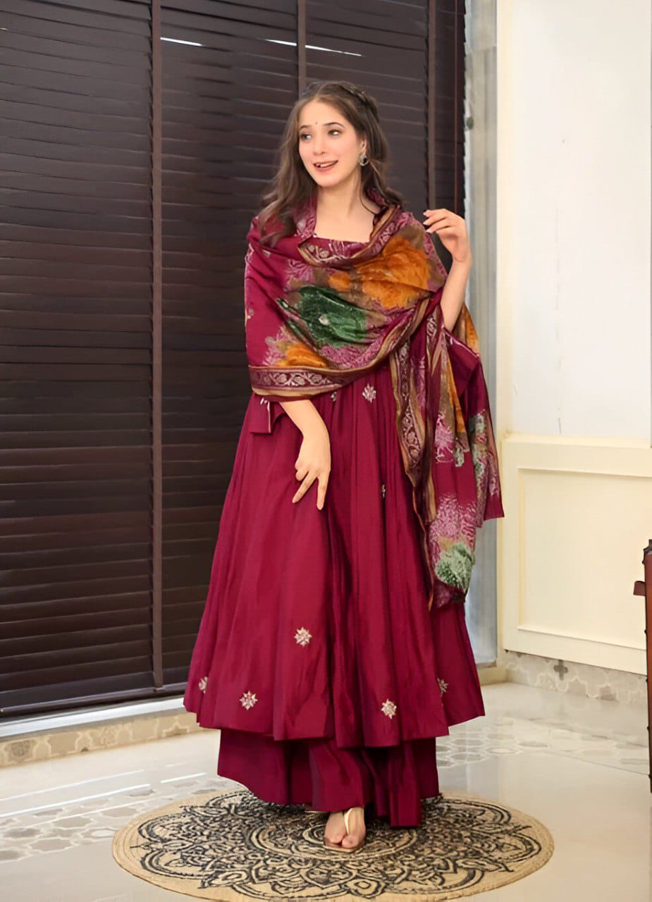 Traditional Wedding Wear Roman Silk Anarkali Kurta Pant With Dupatta Suit