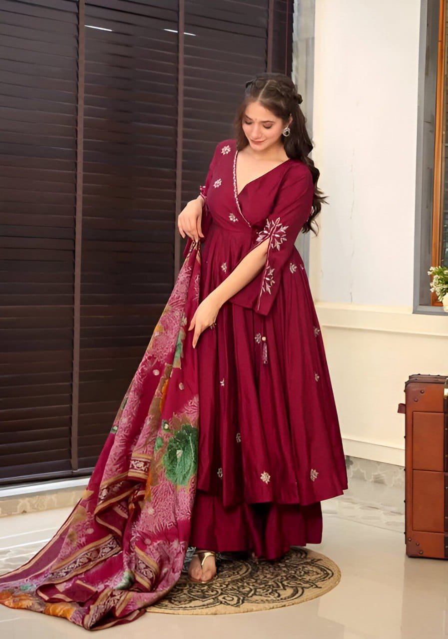 Traditional Wedding Wear Roman Silk Anarkali Kurta Pant With Dupatta Suit