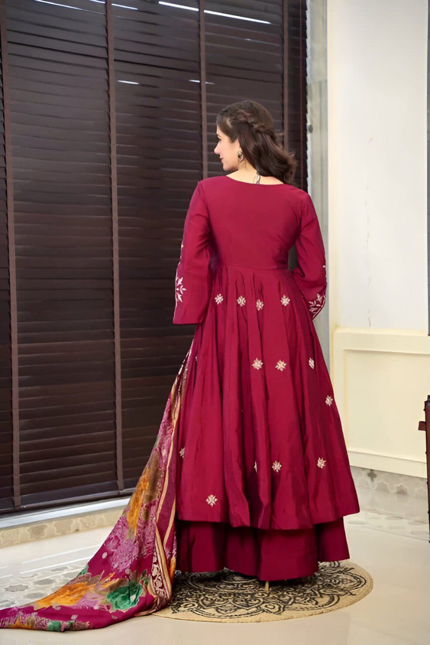 Traditional Wedding Wear Roman Silk Anarkali Kurta Pant With Dupatta Suit