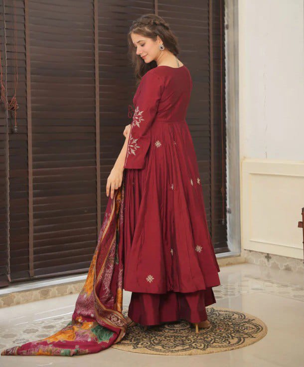 Traditional Wedding Wear Roman Silk Anarkali Kurta Pant With Dupatta Suit