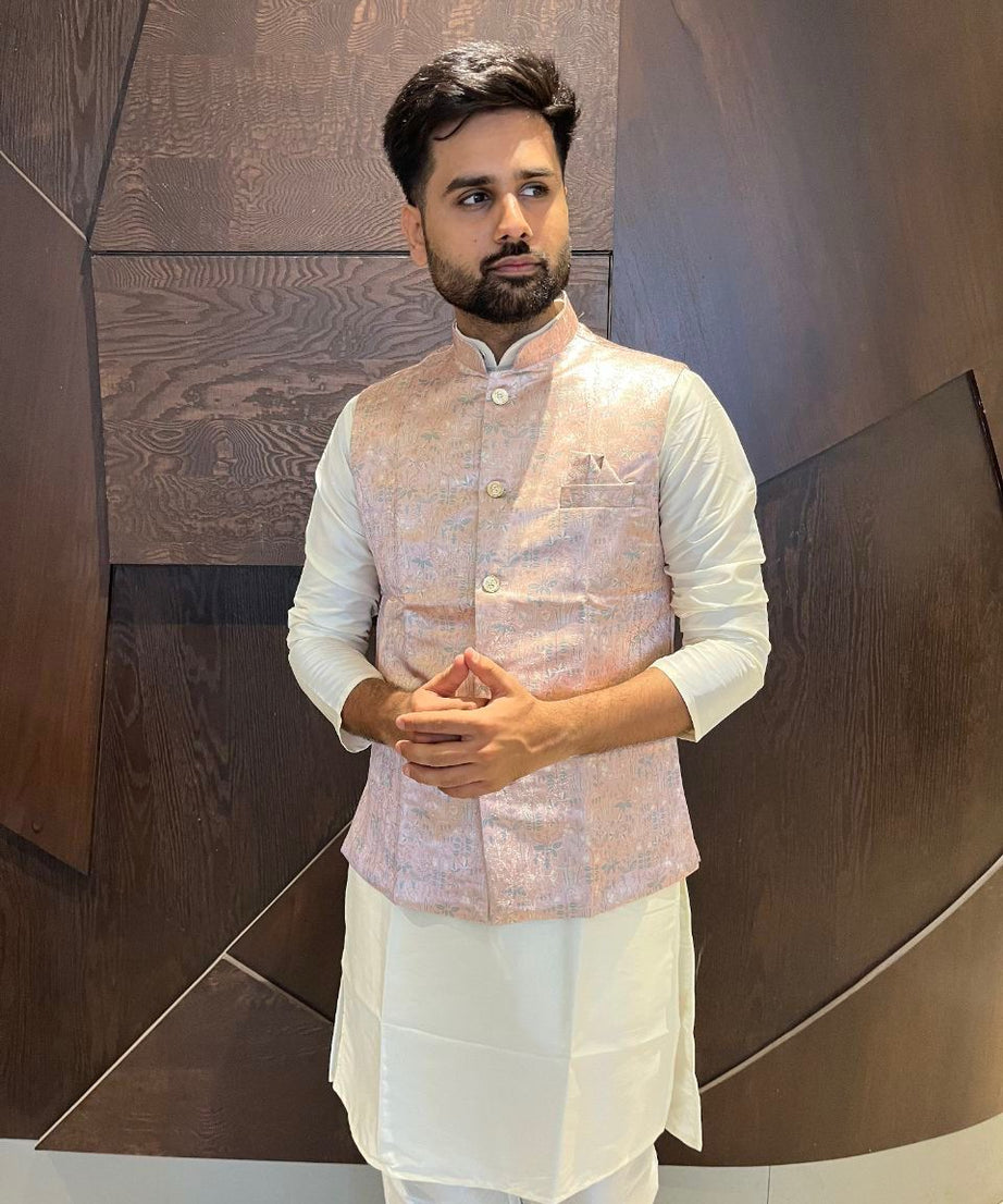 Traditional Wear Pure Cotton Kurta With Koti Set For Men's