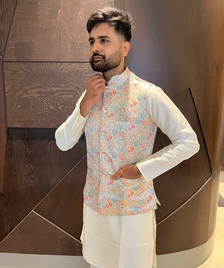 Traditional Wear Pure Cotton Kurta With Koti Set For Men's