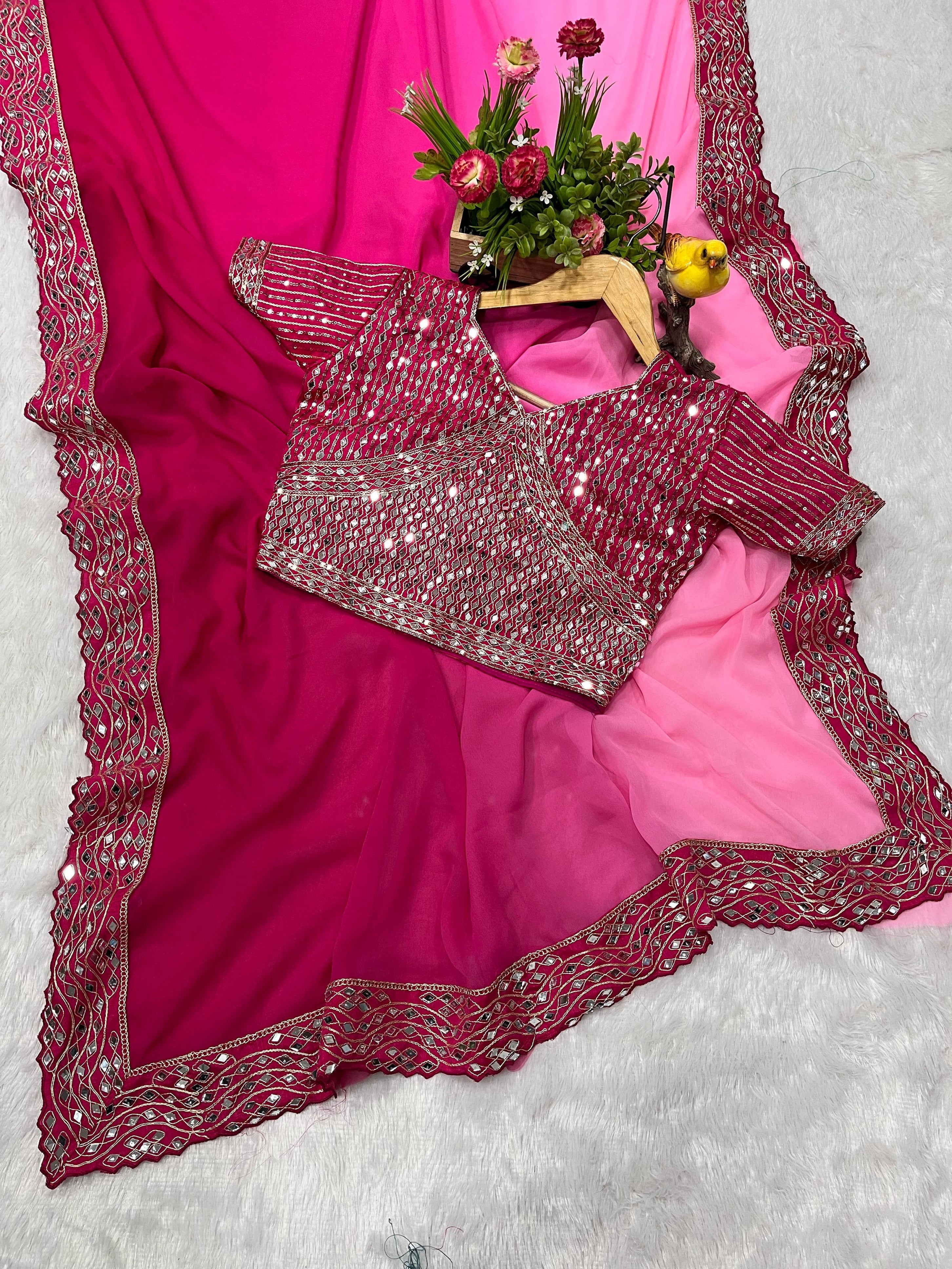 Heavy Faux Georgette Dark to Light Shaded With Designer Embroidered Saree With Blouse