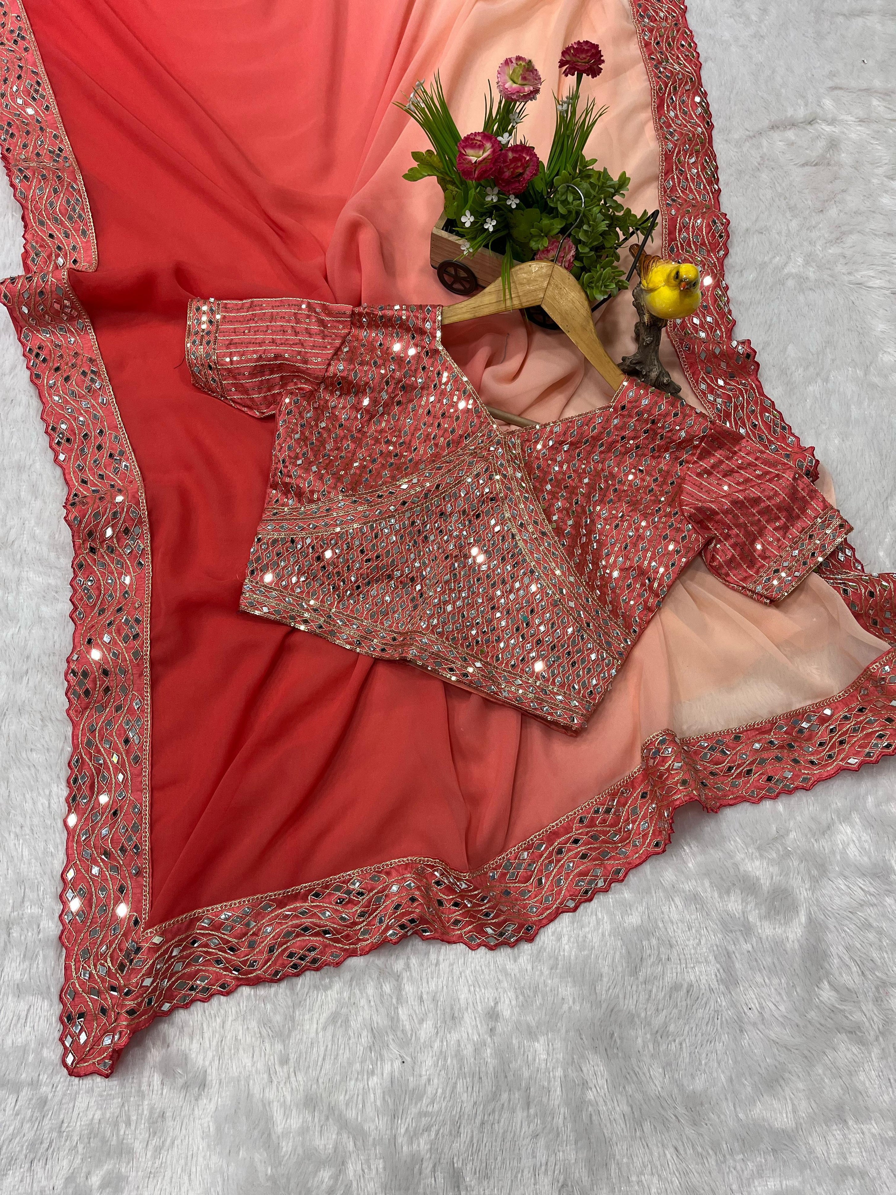 Heavy Faux Georgette Dark to Light Shaded With Designer Embroidered Saree With Blouse