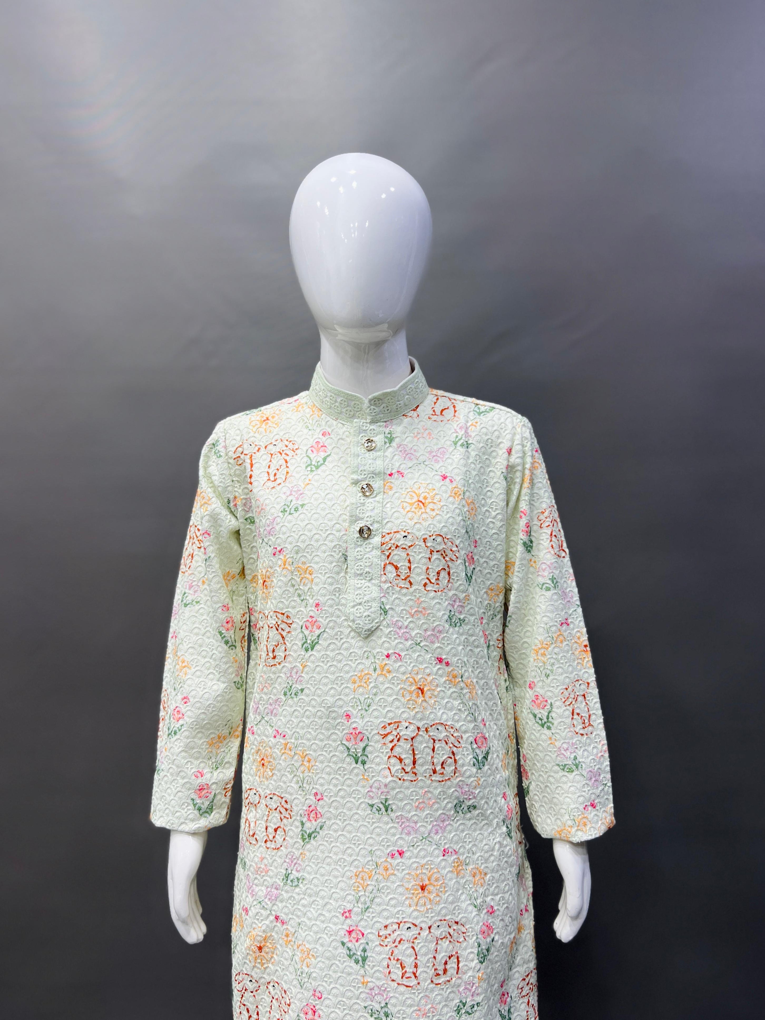 Kid's Full Stitched Heavy Rayon Classic Lucknowi Pattern Kurta With Pajama