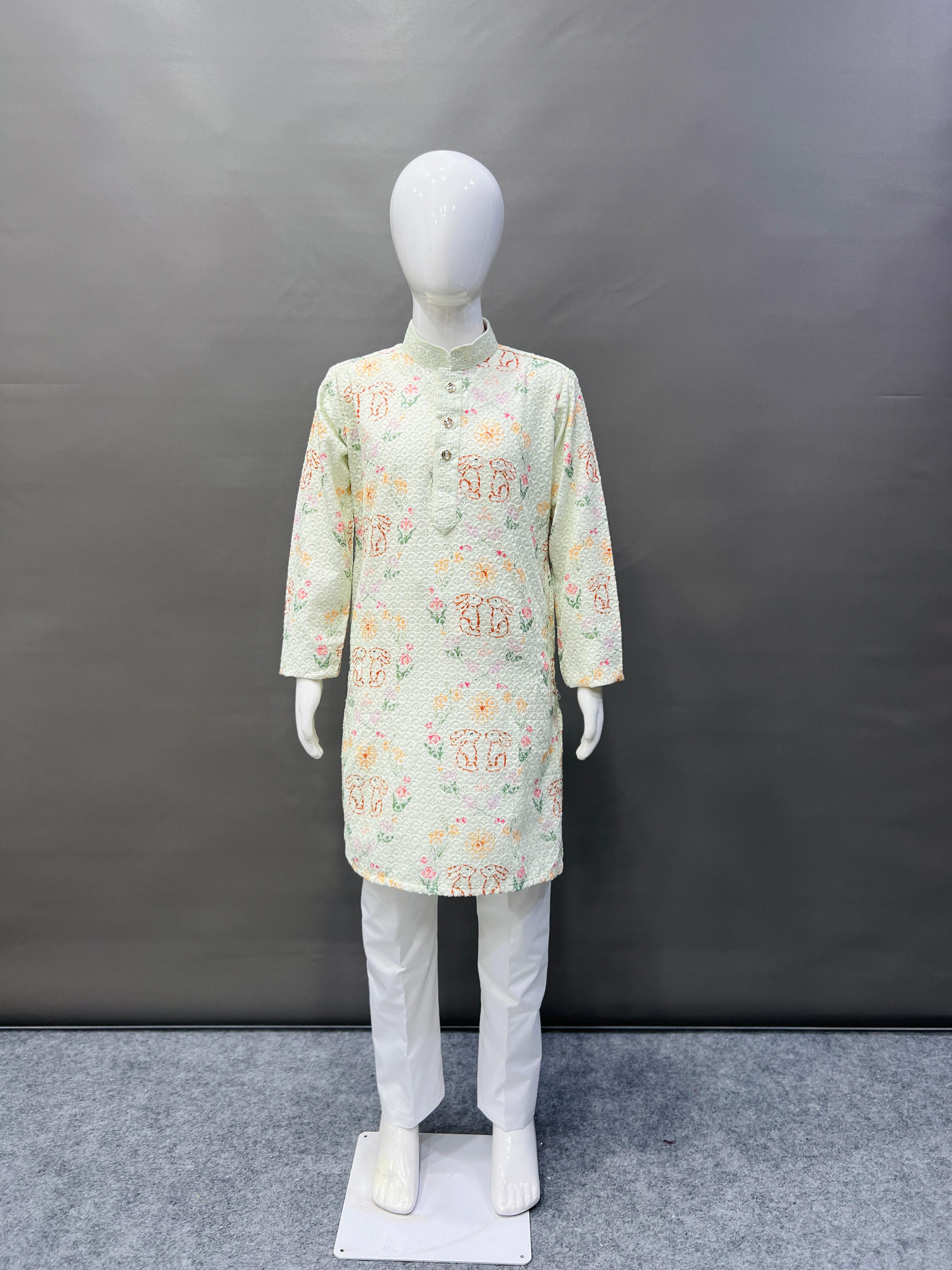 Kid's Full Stitched Heavy Rayon Classic Lucknowi Pattern Kurta With Pajama