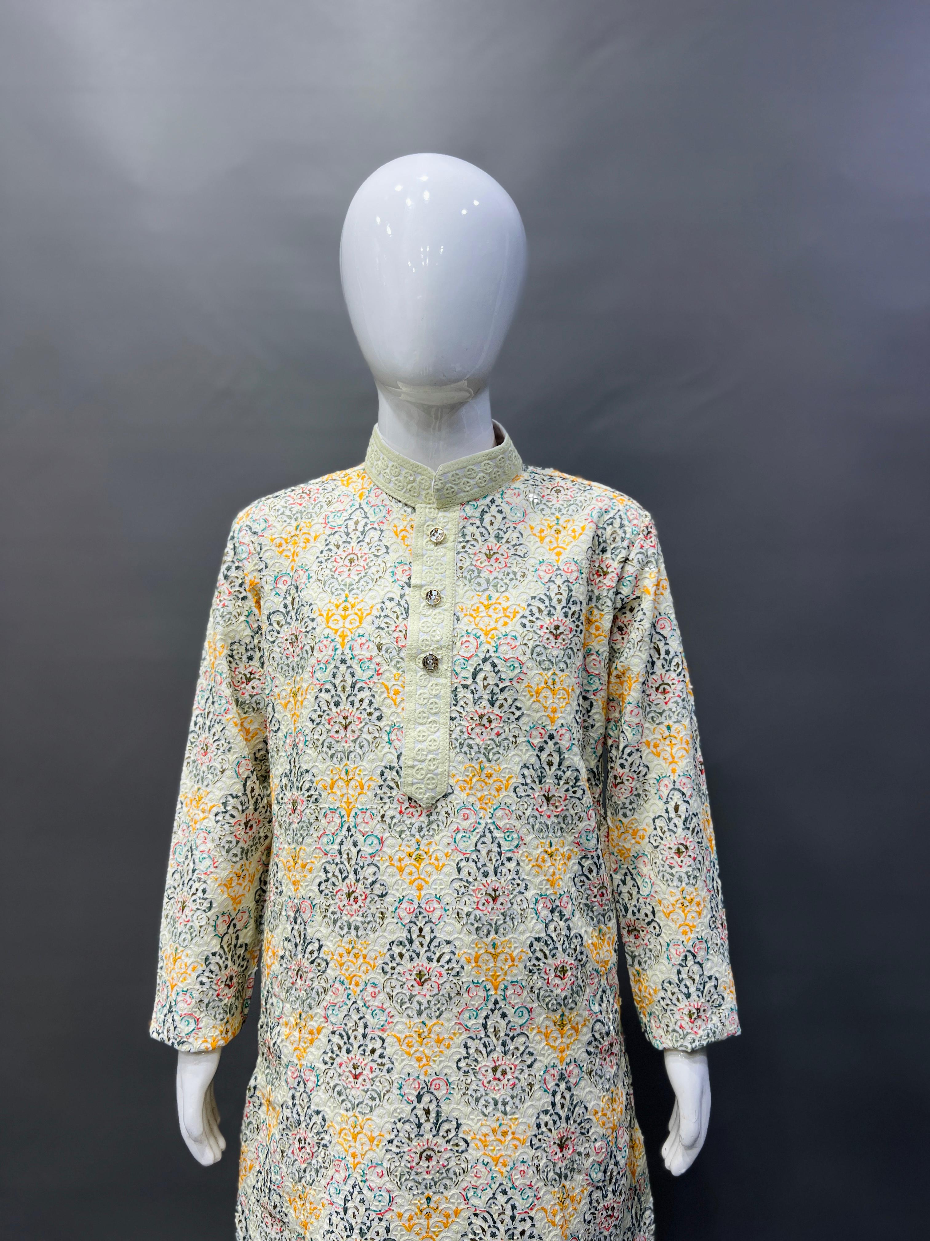 Kid's Full Stitched Heavy Rayon Classic Lucknowi Pattern Kurta With Pajama