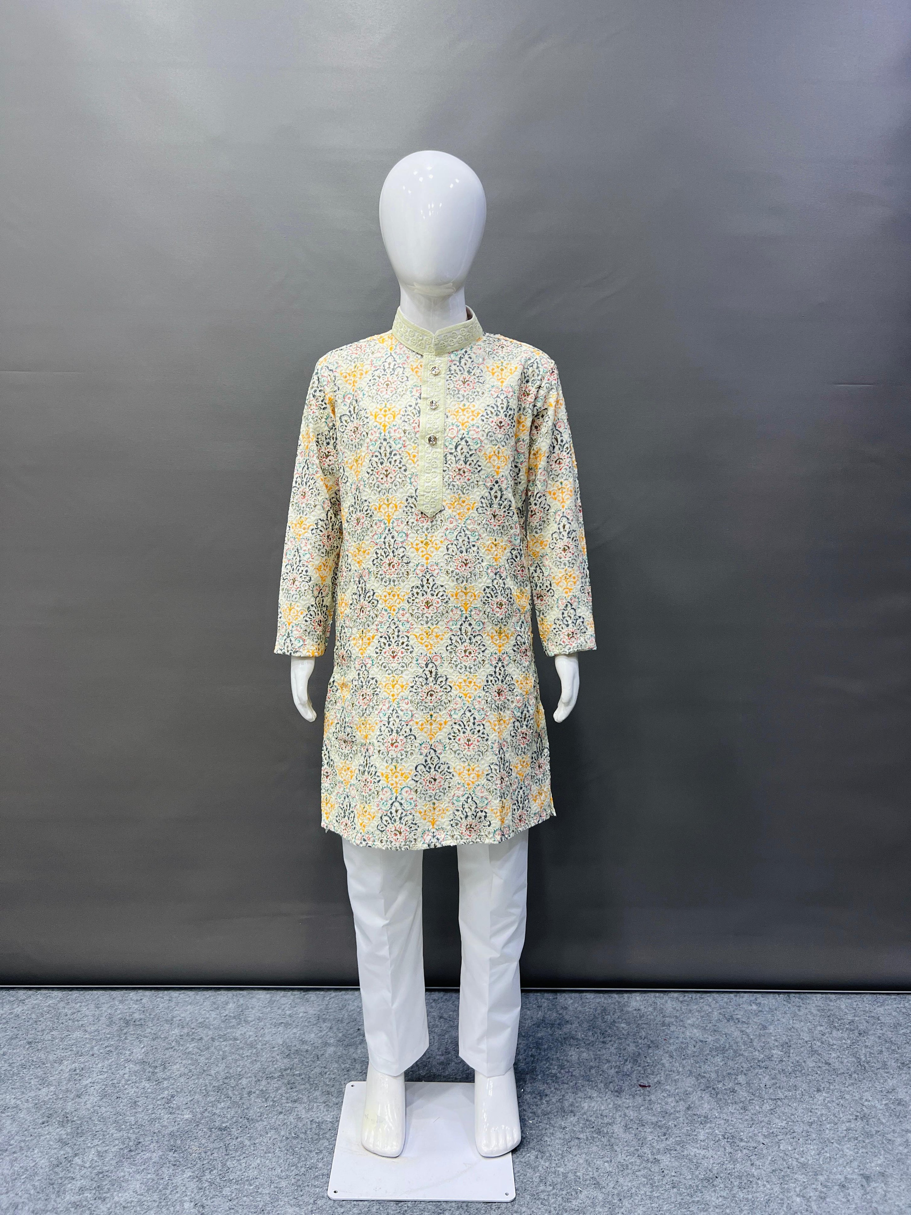 Kid's Full Stitched Heavy Rayon Classic Lucknowi Pattern Kurta With Pajama