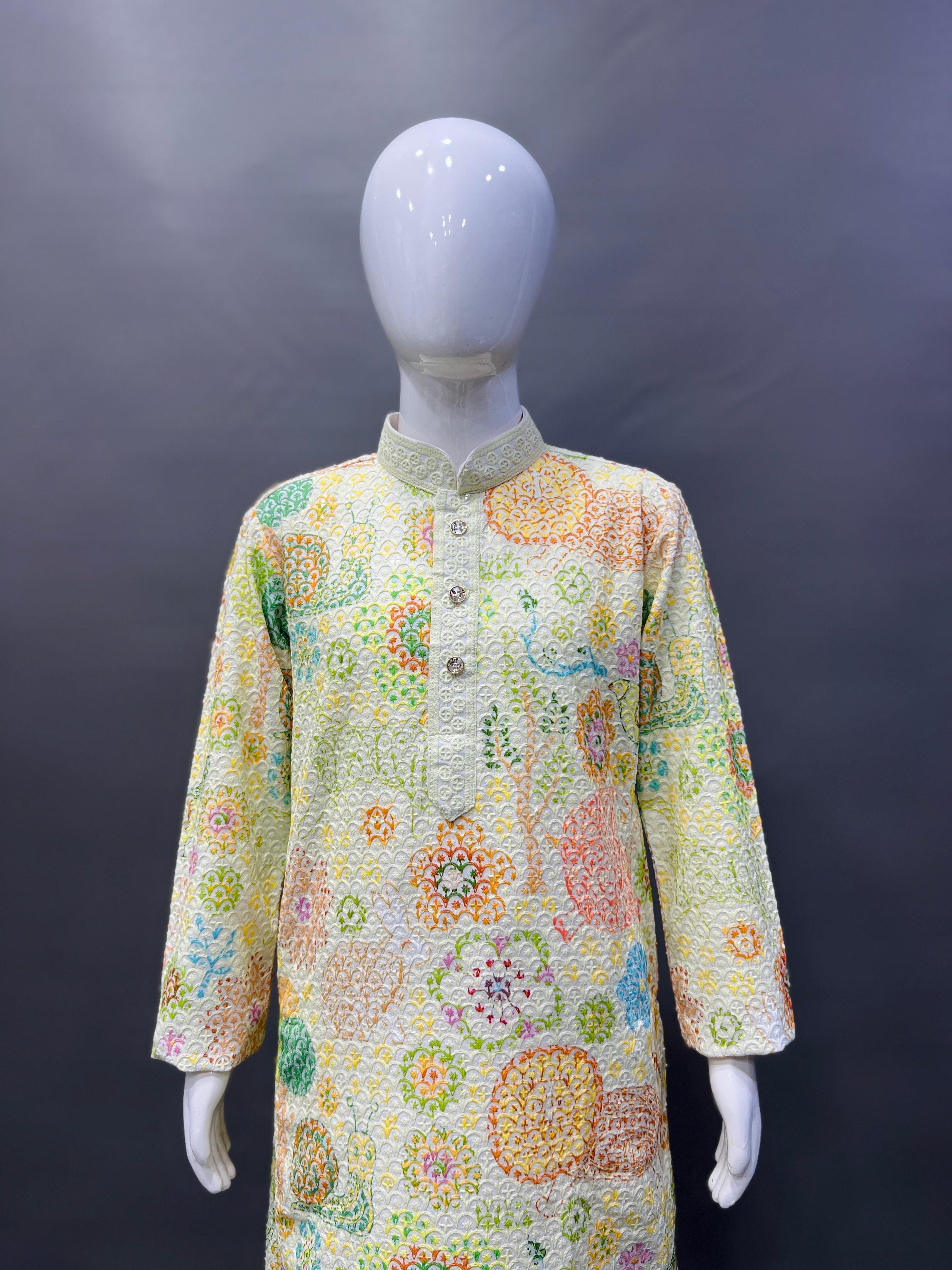 Kid's Full Stitched Heavy Rayon Classic Lucknowi Pattern Kurta With Pajama