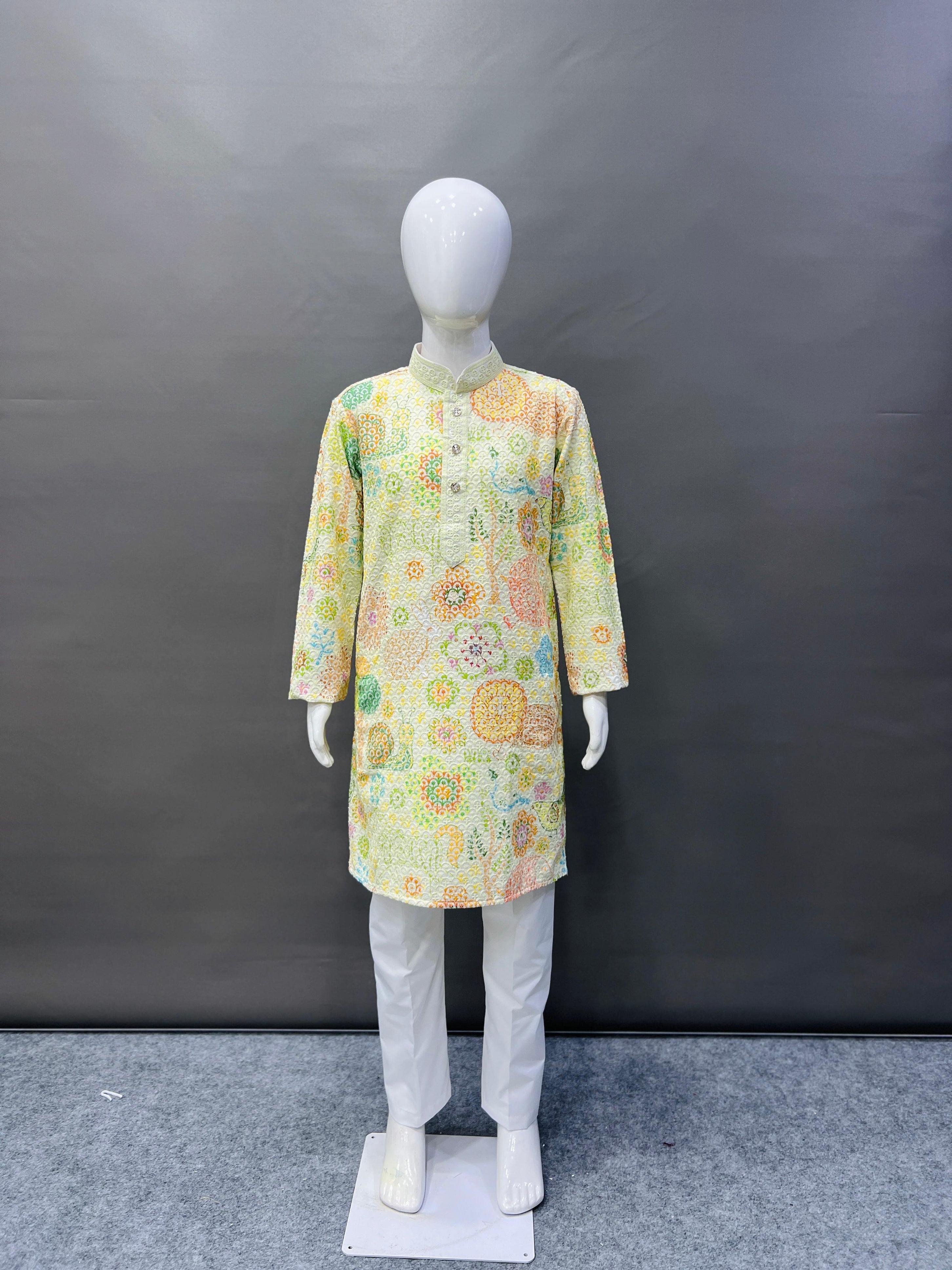 Kid's Full Stitched Heavy Rayon Classic Lucknowi Pattern Kurta With Pajama