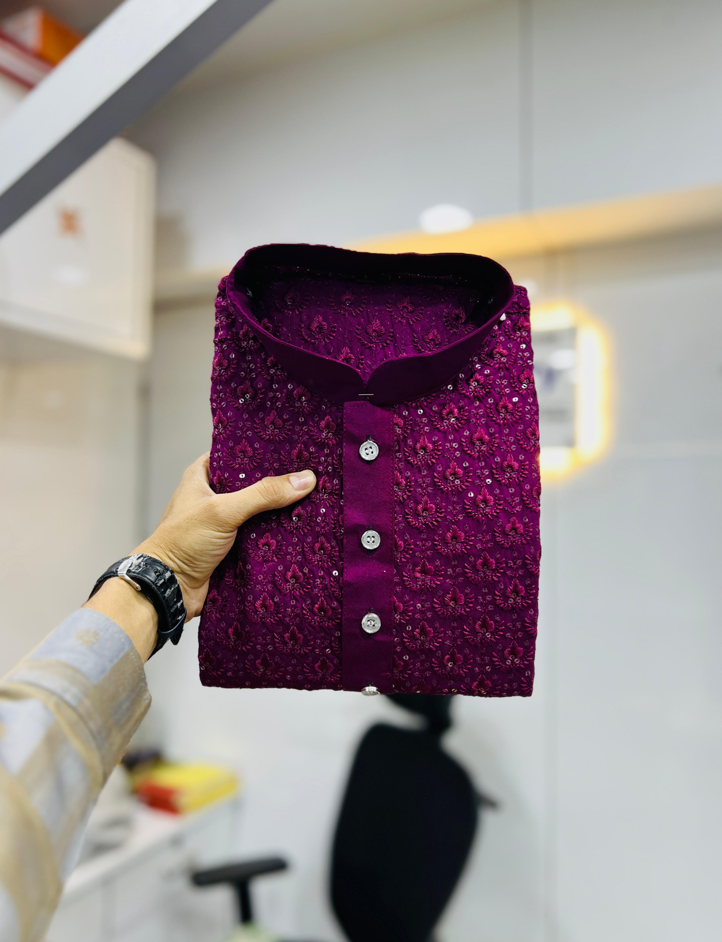 en's Full Stitched Rayon With Heavy Embroidery Work Kurta With Pajama