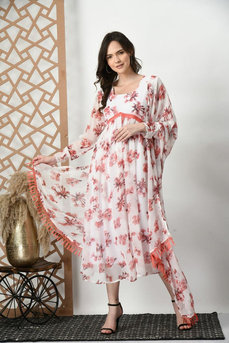 White Beautiful Printed Flared Dress ,Classic And Stylish Top With Dupatta