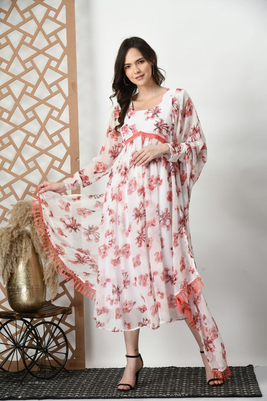 White Beautiful Printed Flared Dress ,Classic And Stylish Top With Dupatta
