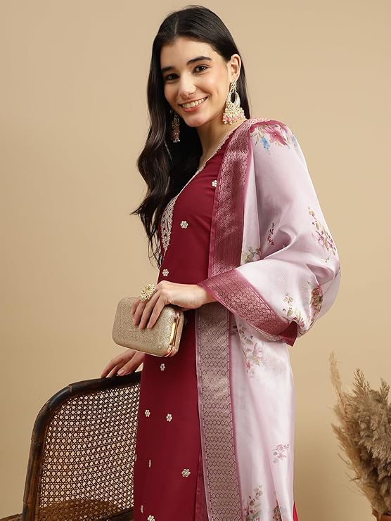 Roman Silk Traditional Maroon Embroidered Wedding Wear Top Bottom& Dupatta