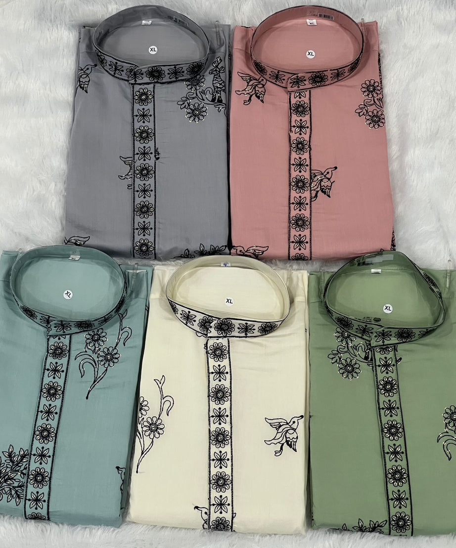 Men's Traditional Roman Silk with Embroidery Work Kurta With Pajama Set