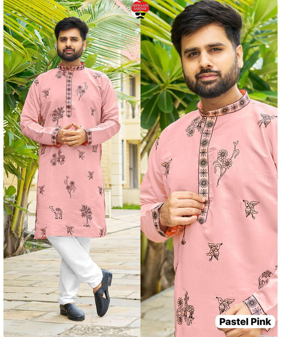 Men's Traditional Roman Silk with Embroidery Work Kurta With Pajama Set