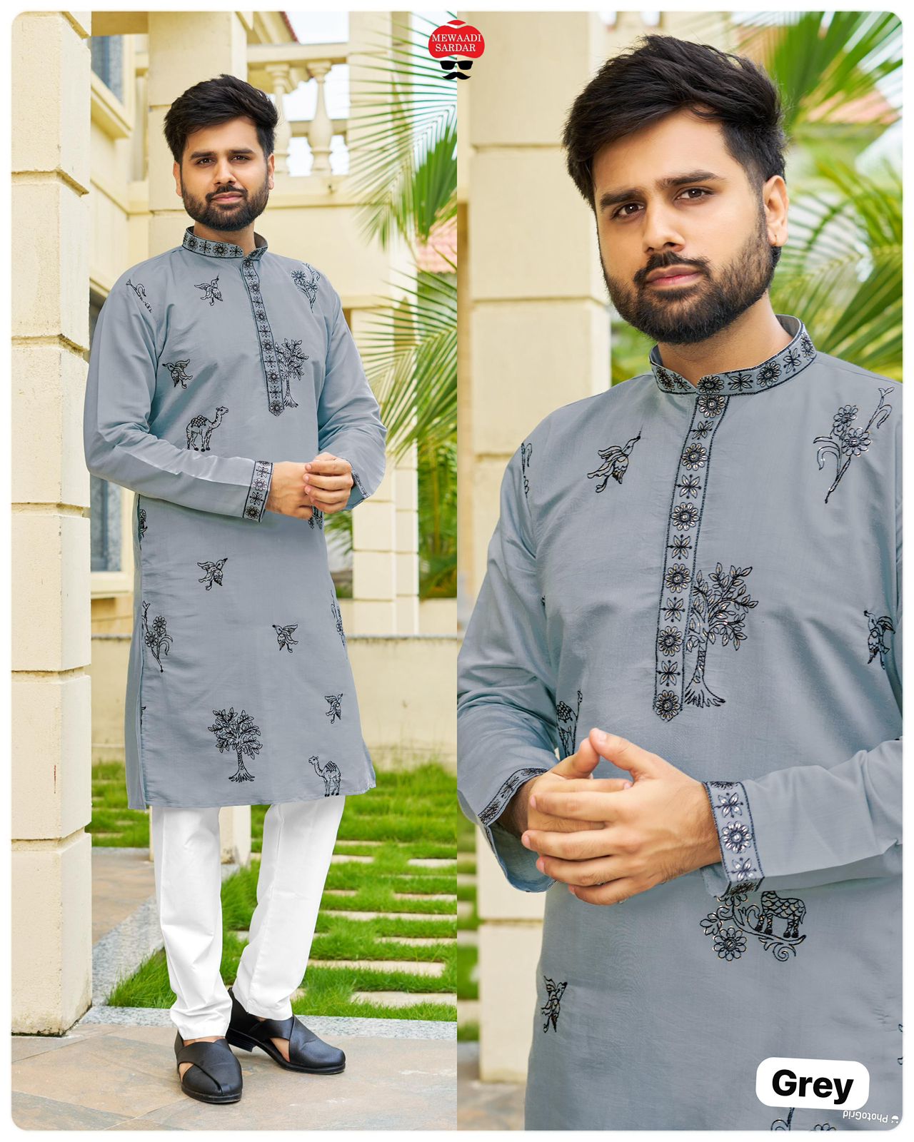 Men's Traditional Roman Silk with Embroidery Work Kurta With Pajama Set