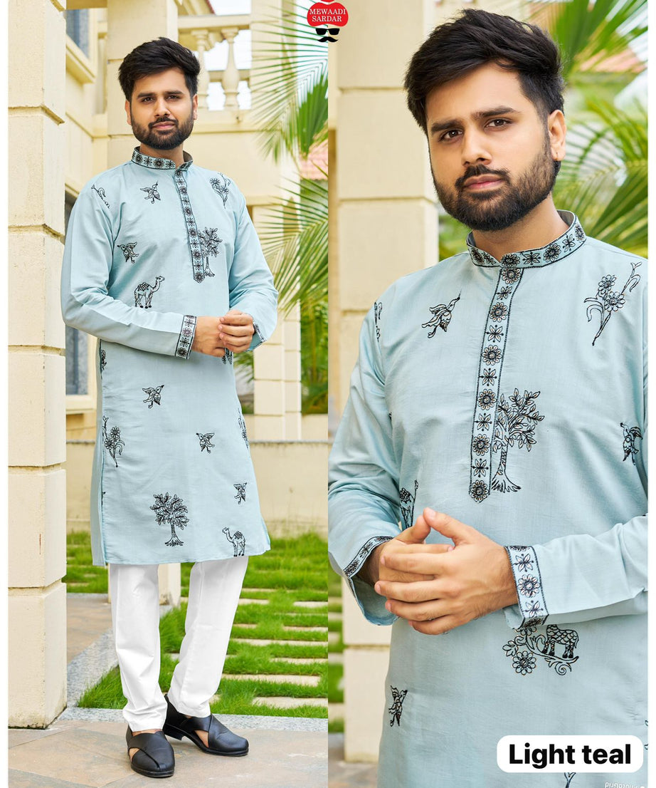 Men's Traditional Roman Silk with Embroidery Work Kurta With Pajama Set