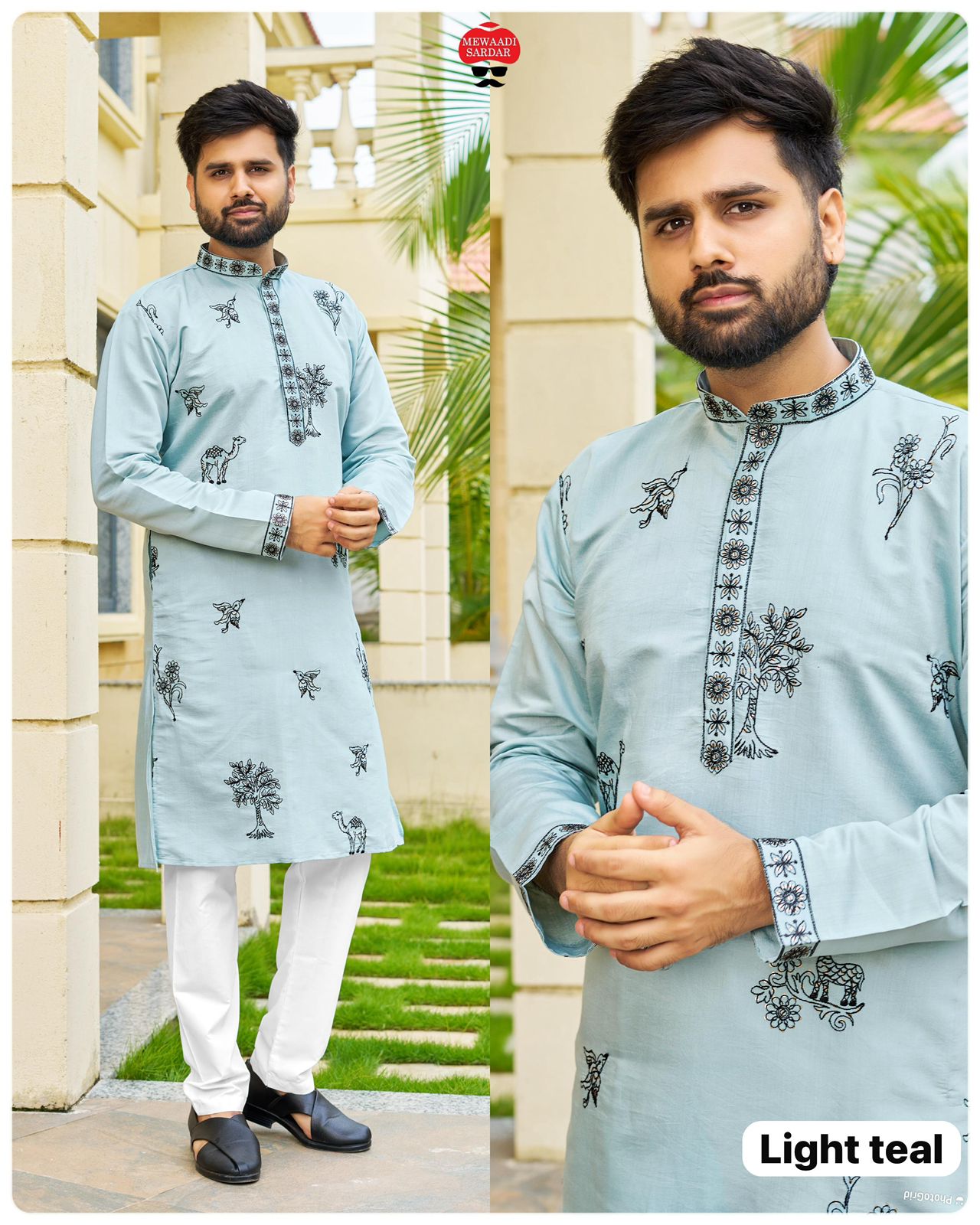 Men's Traditional Roman Silk with Embroidery Work Kurta With Pajama Set