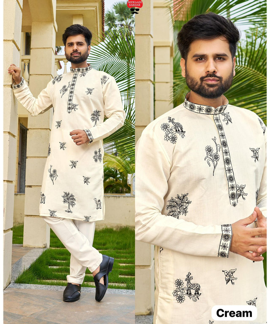 Men's Traditional Roman Silk with Embroidery Work Kurta With Pajama Set