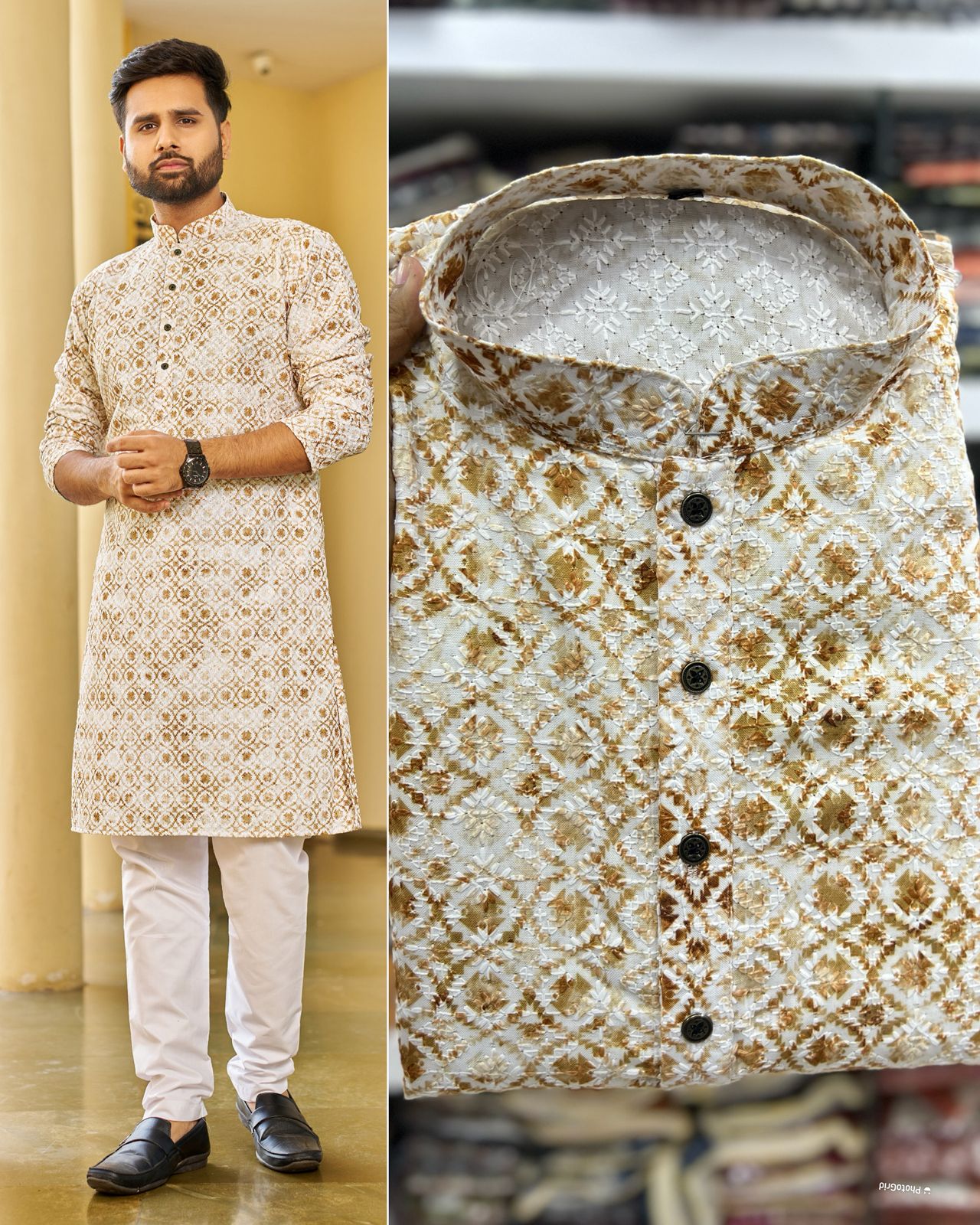 Traditional Heavy Rayon Schiffli Chikan Work  Men's Kurta Pajama Set